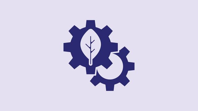 Blue Leaf plant ecology in gear machine icon isolated on purple background. Eco friendly technology. World Environment day label. 4K Video motion graphic animation
