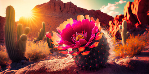Cactus flowers - colorful blossoms blooming from the dry cactus in the southwestern Arizona desert