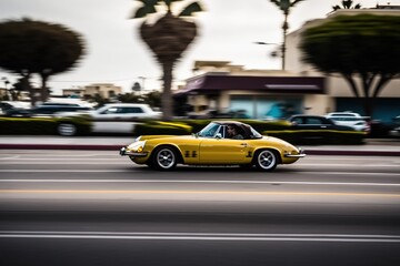 Fototapeta na wymiar Yellow old Supercar fast moving on the road. Car in motion blur. Sports car at high speed on highway
