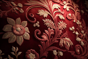 Embroidery floral abstract fantasy design luxury deep red and gold velvet fabric art background,genertive ai.