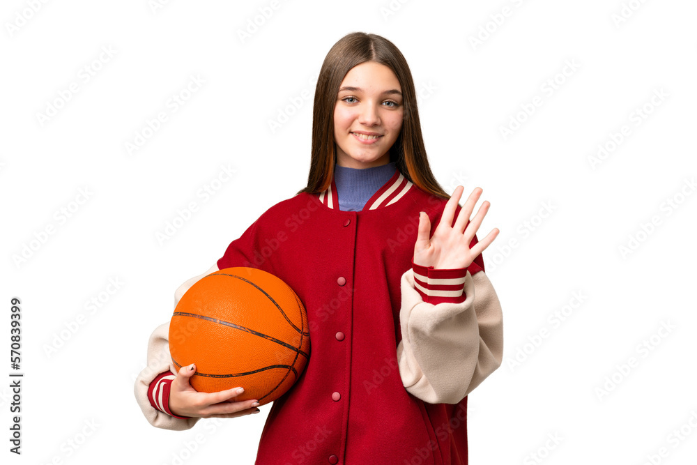 Sticker Teenager girl playing basketball over isolated chroma key background counting five with fingers