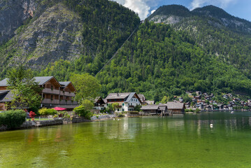Naklejka premium Views of the small town of Hallstatt, Austria, by the Lake Hallstatt, Hallstätter See in German