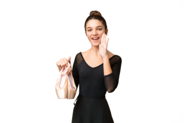 Teenager girl practicing ballet over isolated chroma key background shouting with mouth wide open