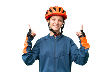 Teenager cyclist girl over isolated chroma key background pointing up a great idea - obrazy, fototapety, plakaty