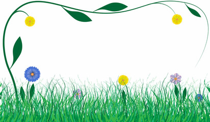 beautiful illustration with green grass and colorful flowers