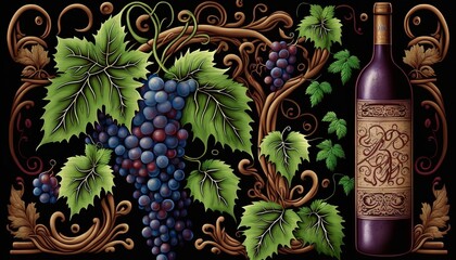 Red wine in a bottle with bunch of grapes and leaves around it