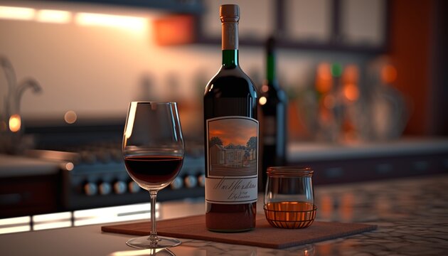 Red Wine Bottle And Wine Glass On A Kitchen Counter With Cabinet In The Background