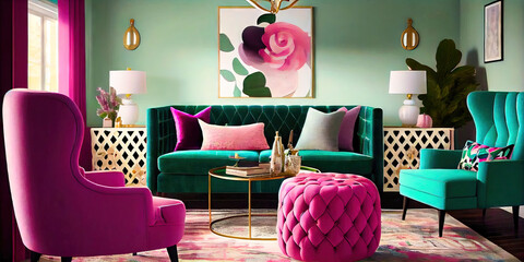 Mint and Fuchsia Living room interior design made by generative AI