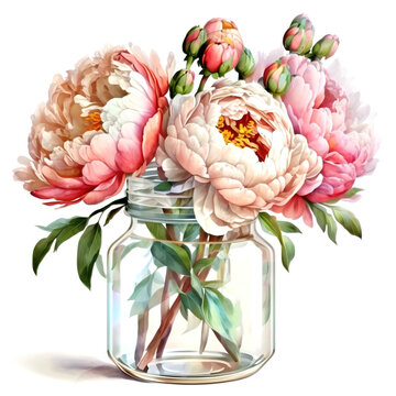Flowers watercolor painting, glass jar with garden flowers and leaves,  greeting card, invitation, poster, wedding decoration and other images. Illustration isolated on white. Generative AI