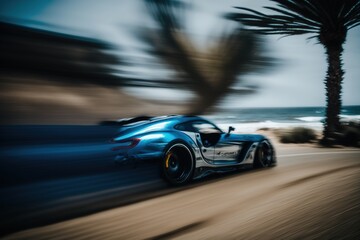 Fototapeta na wymiar Blue Supercar fast moving on the road. Car in motion blur. Sports car at high speed on highway back view