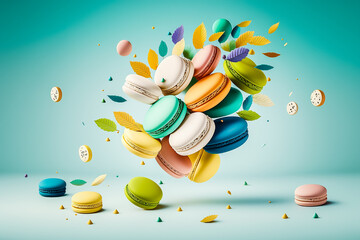 Assortiments de macarons volants et gâteaux colorés, délicieuses gourmandises aux tons pastels - Générative iA - obrazy, fototapety, plakaty