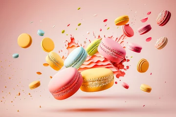 Papier Peint photo autocollant Macarons Assortiments de macarons volants et gâteaux colorés, délicieuses gourmandises aux tons pastels - Générative iA