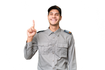Young security man over isolated background showing and lifting a finger in sign of the best