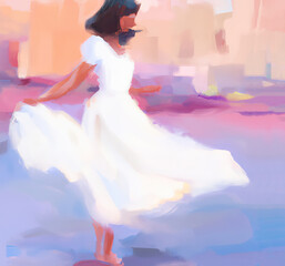 A young woman in a white dress spinning. A painting