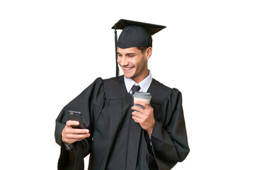 Young university graduate caucasian man over isolated background holding coffee to take away and a mobile