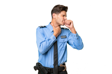 Young police man over isolated background is suffering with cough and feeling bad