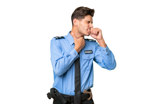 Young police man over isolated background is suffering with cough and feeling bad