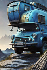 camping in the mountains. trailer car, caravan, journey, rocks, star landscape