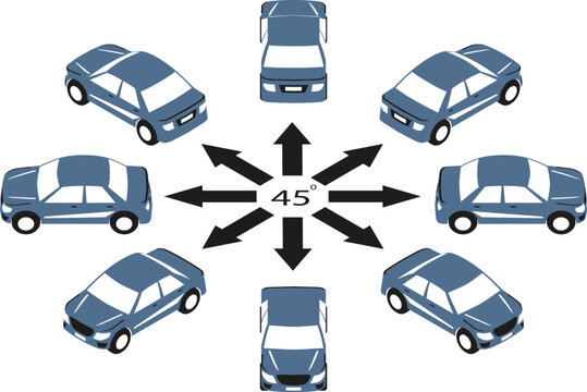 Rotation of logo car by 45 degrees. The flat cars in logo style in different angles in isometric view.