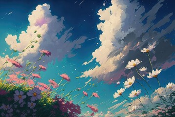 idyllic spring season rural landscape, fields of blooming pastel colored cosmos flowers, tranquil bright blue sky with rain clouds. Stunning scenery, peaceful and calming  - generative AI.