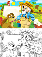 cartoon farm ranch scene with farmer boy different animals and pumpkins illustration for children sketch