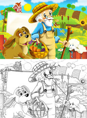 Fototapeta premium cartoon farm ranch scene with farmer boy different animals and pumpkins illustration for children sketch