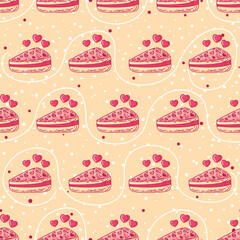 Vector romantic pink love background with cake slices and hearts. Valentine's Day design. Pattern for the site, printing on fabric, postcards, bed linen, children's clothing, and gift wrapping.