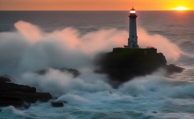 Fototapeta premium A lighthouse in the middle of the sea, with a raging sea.