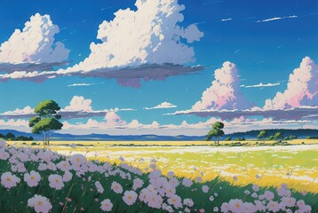 idyllic spring season rural landscape, fields of blooming pastel colored cosmos flowers, tranquil bright blue sky with rain clouds. Stunning scenery, peaceful and calming  - generative AI.