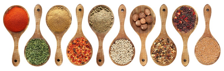 Set spices, cayenne pepper, chopped dry parsley, tikka masala ground, spicy mixture of spices, caribbean mix seasoning, grain white peppercorn, nutmeg, garam masala, hibiscus flowers, mustard seed 