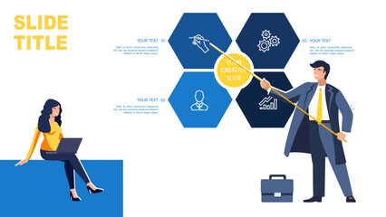 Man and woman draw diagrams about financial development of business. Infographic header banner. Launch work.White background.Business presentation, banner template, business people.Vector illustration