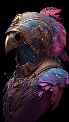 Bird in Gold Helmet Character Fantasy Portrait. Magic Bird Mascot Warrior Head Avatar in Gold Armor with Ambient Starry Night Sky Background.