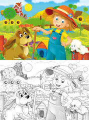 cartoon farm ranch scene with farmer woman girl different animals illustration for children sketch