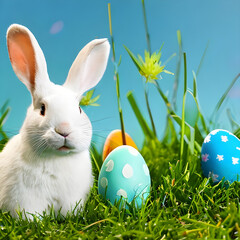 Rabbit with coloured eggs, blue background