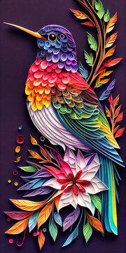 Paper Quilling bird design - colorful polychromatic rainbow paper quilling design created by generative AI