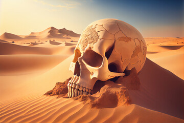 Human skull in the desert sands. AI generated. - obrazy, fototapety, plakaty