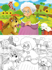 cartoon farm ranch scene with farmer woman girl different animals illustration for children sketch