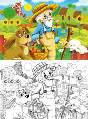 Fototapeta premium cartoon farm ranch scene with farmer boy different animals and pumpkins illustration for children sketch