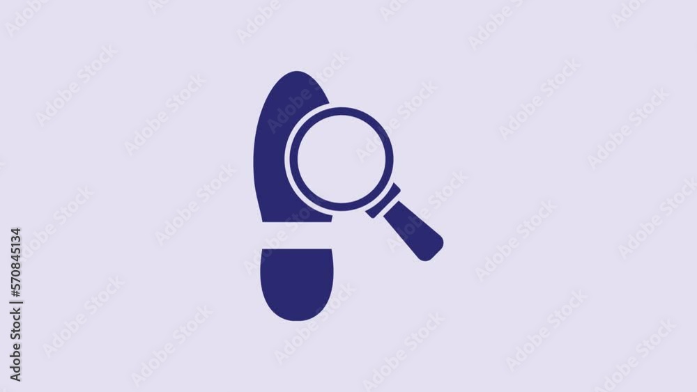 Poster blue magnifying glass with footsteps icon isolated on purple background. detective is investigating.