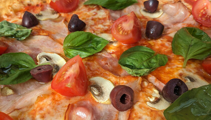 Pizza. Close up tomato on pizza. Background