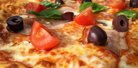 Pizza. Close up tomato on pizza. Background