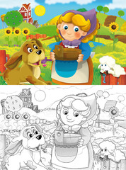 cartoon farm ranch scene with farmer woman girl different animals illustration for children sketch