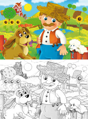 Fototapeta premium cartoon farm ranch scene with farmer boy different animals and pumpkins illustration for children sketch