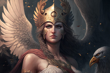 Greek goddess Athena portrait. Generative AI illustration. - obrazy, fototapety, plakaty