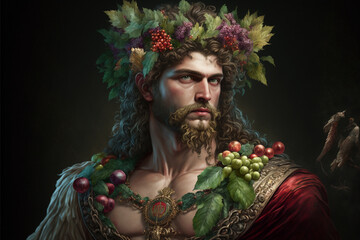 Greek god Dionysus portrait. Generative AI illustration.