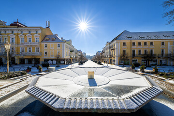 Snow winter in the center of the small UNESCO spa town Frantiskovy Lazne (Franzensbad) near historical city Cheb - Czech Republic (region Karlovy Vary)

