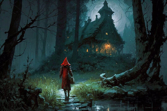 Illustration of Little Red Riding Hood arriving at her grandmother's house in the woods at night - AI generative