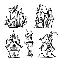 Fototapeta premium fantasy houses.mysterious, mystical, fairy-tale houses, hut, shack, entrances to the fortress. flat black and white doodle sketch illustration.