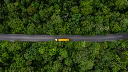 Aerial top view large freight transporter semi truck on the highway road, Truck driving on asphalt road green forest, Cargo semi trailer moving on road. © Kalyakan