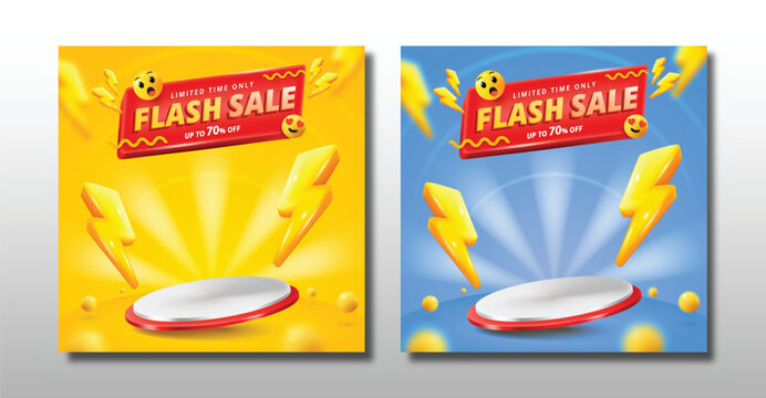 3D Flash sale promo banner template with podium and flying discount label design.